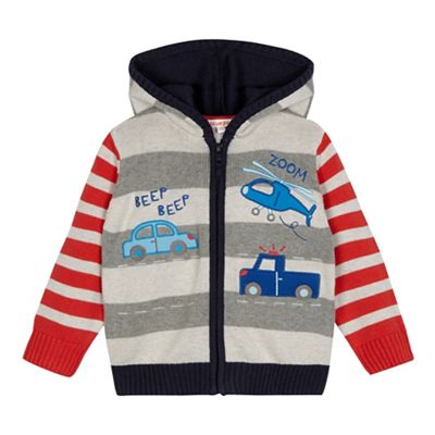 bluezoo Boys' grey striped vehicle applique zip through hooded cardigan
